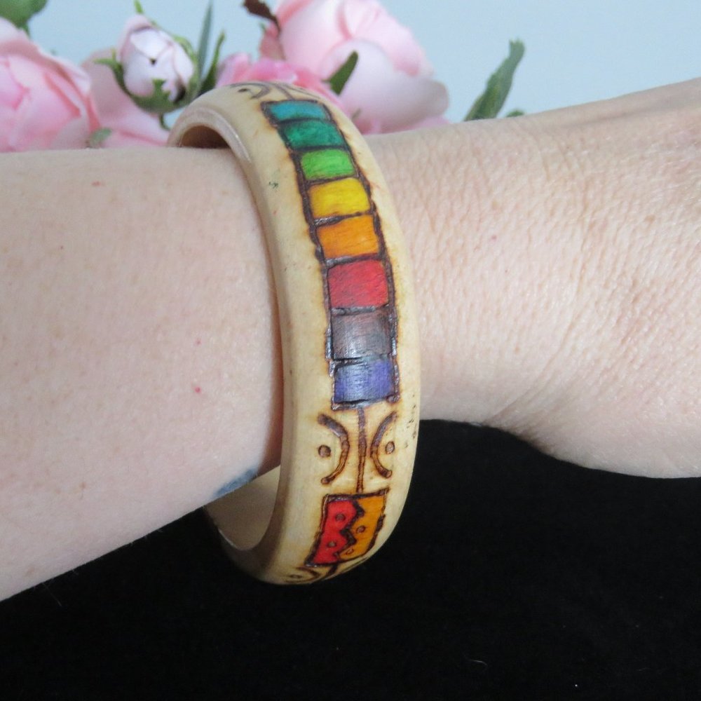 Vintage Wood Folk Art Inspired Painted Bangle